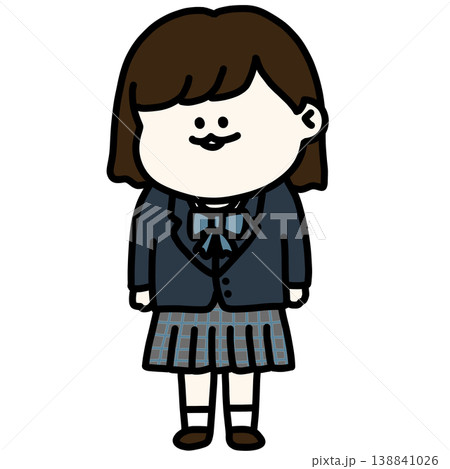 ブレザー制服を着たボブヘアの女子高生のイラスト 青リボン 背景透過 138841026