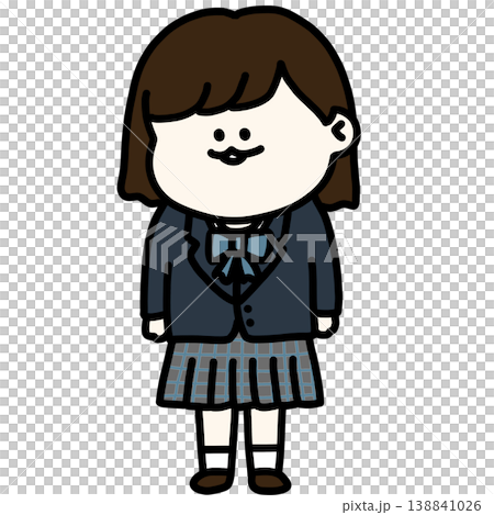 ブレザー制服を着たボブヘアの女子高生のイラスト 青リボン 背景透過 138841026