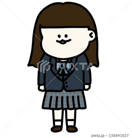 ブレザー制服を着たロングヘアの女子高生のイラスト 青リボン 背景透過 138841027