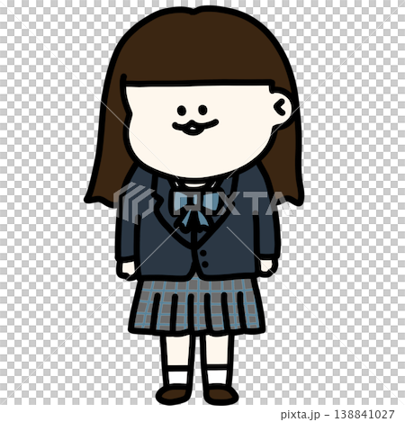 ブレザー制服を着たロングヘアの女子高生のイラスト 青リボン 背景透過 138841027