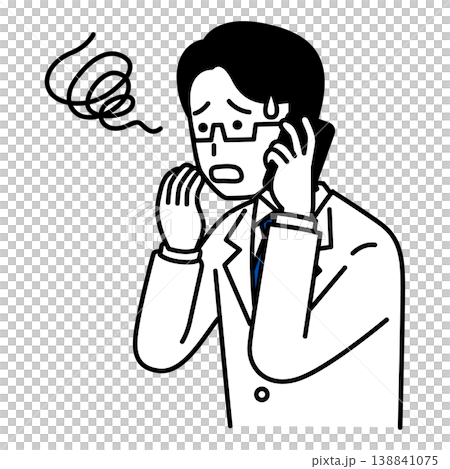 A male doctor is having trouble with conversations on his smartphone. A male doctor is having trouble with conversations on his smartphone. 138841075