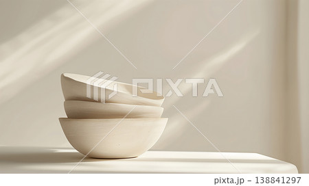 アイボリー背景に積み重なったセラミックボウルのミニマル静物写真 138841297