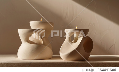 ブラッシュトープ背景の彫刻的セラミックキャンドルホルダー写真 138841306