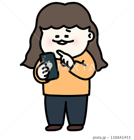 自分へのご褒美をポチる茶髪ウェーブの女の子 オレンジロンT 背景透過 138841453