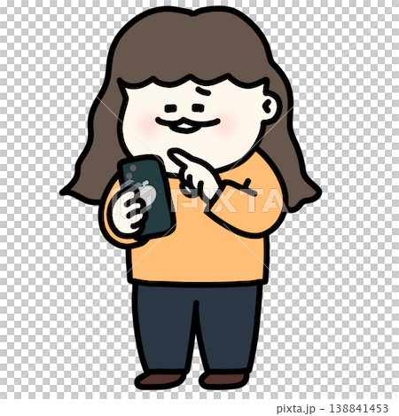 A brown-haired, wavy-haired girl clicks the purchase button to buy a treat for herself. Orange long-sleeved T-shirt. Transparent background. 138841453