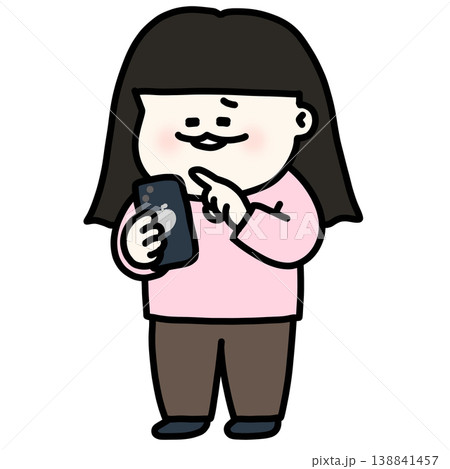 推しの動画を見てニヤニヤする黒髪ロングの女の子 ピンクロンT 背景透過 138841457