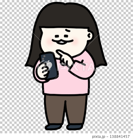 推しの動画を見てニヤニヤする黒髪ロングの女の子 ピンクロンT 背景透過 138841457