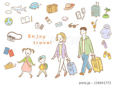 旅行に出かける4人家族と旅行グッズの手描き風シンプルイラスト 旅行に出かける4人家族と旅行グッズの手描き風シンプルイラスト 138841772