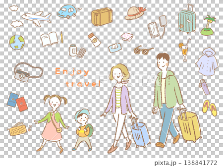 旅行に出かける4人家族と旅行グッズの手描き風シンプルイラスト 旅行に出かける4人家族と旅行グッズの手描き風シンプルイラスト 138841772