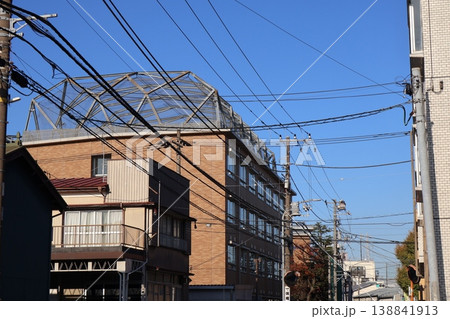 複雑に張り巡らされた電線と電柱がある街並み 複雑に張り巡らされた電線と電柱がある街並み 138841913