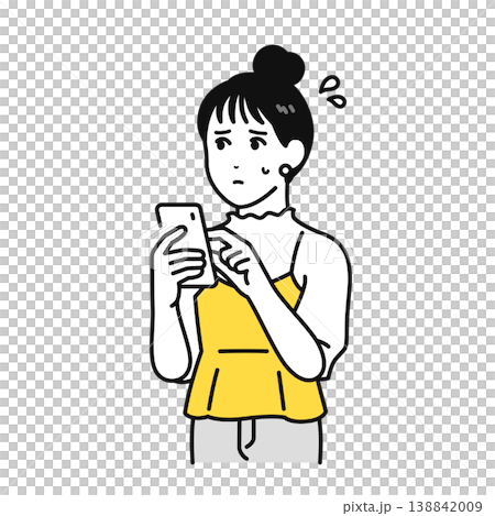 A young woman with her hair tied up is looking at her smartphone and looking troubled. 138842009