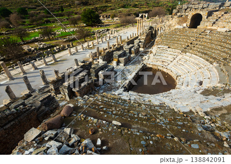 Aerial view of remains of Odeon and State Agora in Ephesus after reconstruction Aerial view of remains of Odeon and State Agora in Ephesus after reconstruction 138842091