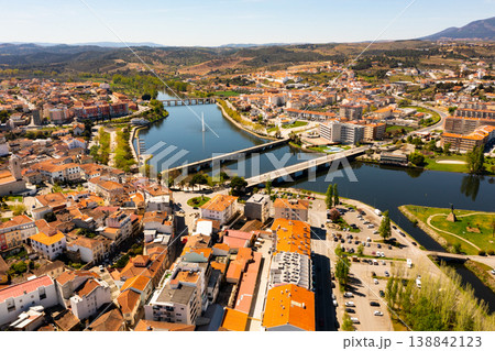 Aerial view of Mirandela with fountain and bridges crossing Tua river, Portugal Aerial view of Mirandela with fountain and bridges crossing Tua river, Portugal 138842123