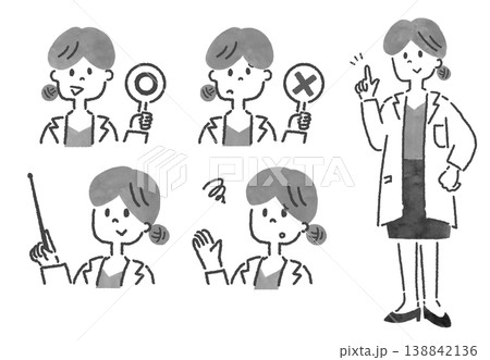 白衣を着た女性の表情バリエーションを描いたモノクロ線画イラストのセット 138842136