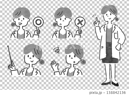 白衣を着た女性の表情バリエーションを描いたモノクロ線画イラストのセット 138842136