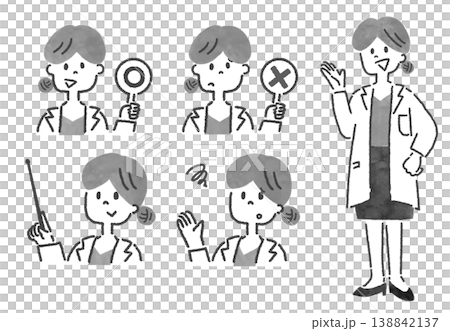 女性医師の全身イラストと表情バリエーションのセット モノクロ 女性医師の全身イラストと表情バリエーションのセット モノクロ 138842137