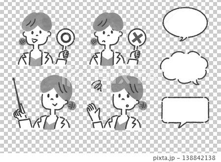 白衣を着た女性のバリエーションと吹き出しのイラストセット モノクロ 白衣を着た女性のバリエーションと吹き出しのイラストセット モノクロ 138842138
