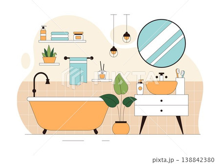 Modern Bathroom Interior Vector Illustration Featuring Bathtub, Sink, Mirror, Plants, and Minimalist Cozy Hygienic Home Design 138842380