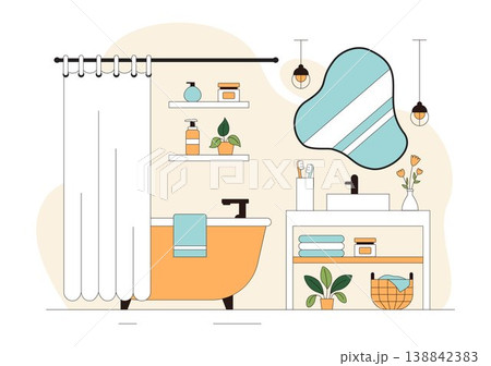 Modern Bathroom Interior Vector Illustration Featuring Bathtub, Sink, Mirror, Plants, and Minimalist Cozy Hygienic Home Design Modern Bathroom Interior Vector Illustration Featuring Bathtub, Sink, Mirror, Plants, and Minimalist Cozy Hygienic Home Design 138842383
