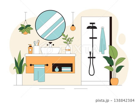 Modern Bathroom Interior Vector Illustration Featuring Bathtub, Sink, Mirror, Plants, and Minimalist Cozy Hygienic Home Design Modern Bathroom Interior Vector Illustration Featuring Bathtub, Sink, Mirror, Plants, and Minimalist Cozy Hygienic Home Design 138842384