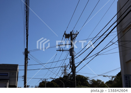 吸い込まれそうな夏の青空と一本の電柱: 孤独感と爽快感が同居する構図。2 吸い込まれそうな夏の青空と一本の電柱: 孤独感と爽快感が同居する構図。2 138842604