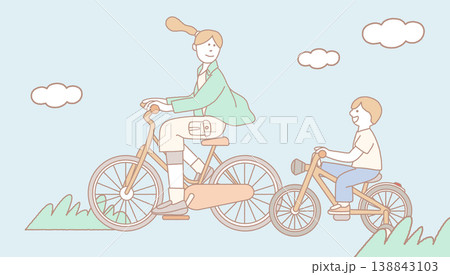 Mother and child riding bicycles together 138843103