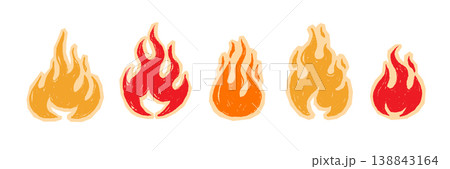 Flame fire icon doodle set. Hand drawn flame fire brush stroke grunge chalk texture shape graphic. Hot explosion blast energy smoke spray sticker punk tattoo burst. Vector 138843164