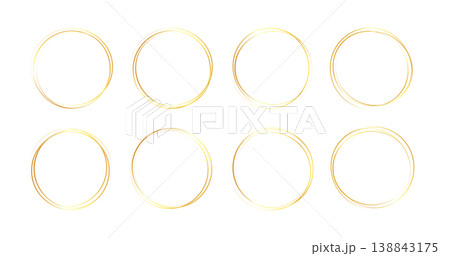 Gold golden frame ring set. Gold circular round frame line glitter luxury thin outline border. Whimsical doodle sparkle light metal effect for wedding logo decoration. Vector Gold golden frame ring set. Gold circular round frame line glitter luxury thin outline border. Whimsical doodle sparkle light metal effect for wedding logo decoration. Vector 138843175
