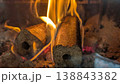 Heated hearth filled with glowing embers and flickering flames 138843382