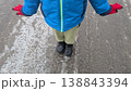 Child in blue jacket balancing on puddle playful explorer 138843394
