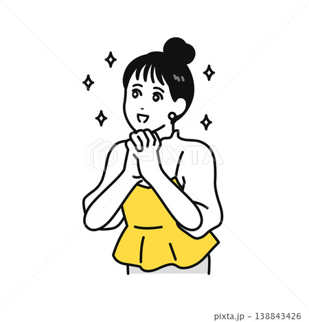 キラキラと目を輝かせるまとめ髪の若い女性のイラスト素材 138843426