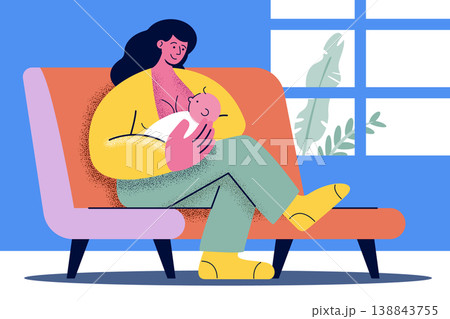 Mother breastfeeding her newborn baby on a sofa. Corporate Memphis style vector illustration art showing postnatal care, infant nutrition, and motherhood bonding. Mother breastfeeding her newborn baby on a sofa. Corporate Memphis style vector illustration art showing postnatal care, infant nutrition, and motherhood bonding. 138843755