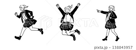 手描き線画イラストセット 制服姿の女子学生 走る・ジャンプ・指差し 138843957