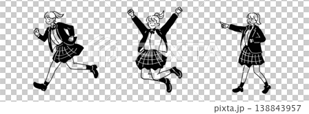 手描き線画イラストセット 制服姿の女子学生 走る・ジャンプ・指差し 138843957