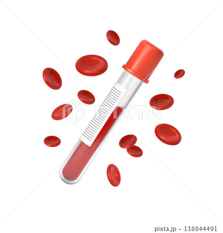 A test tube with blood, sealed with a red cap and blank label, surrounded by red blood cells. 138844491