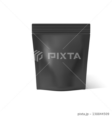 Black zip bag, paper plastic bag, vector 3D realistic stand up pouch package mockup sport nutrition, supplement products Black zip bag, paper plastic bag, vector 3D realistic stand up pouch package mockup sport nutrition, supplement products 138844509