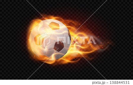 Burning soccer ball flight realistic 3D vector illustration, football sport game equipment for team game in fire flame 138844531