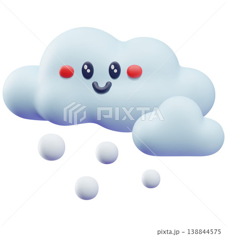 Smiling cloud with snow 3D plastic style, vector cartoon cloudy snowy weather forecast symbol, meteorology character 138844575