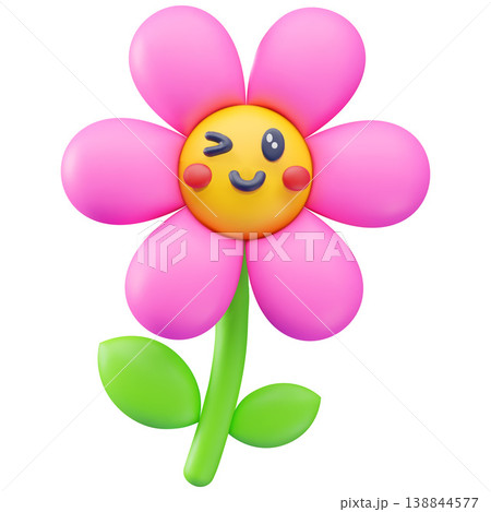 A bright pink 3D flower with leaves and a winking face on a stem. A bright pink 3D flower with leaves and a winking face on a stem. 138844577