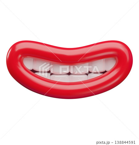 3D smiling mouth with red lips and clenched teeth. Icon. 138844591