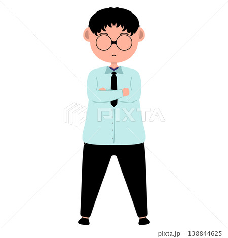 Cartoon Illustration of a Standing Office Worker Man with Glasses and Crossed Arms Cartoon Illustration of a Standing Office Worker Man with Glasses and Crossed Arms 138844625