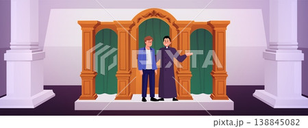 A church interior with columns, a confessional, and a priest and a man. A church interior with columns, a confessional, and a priest and a man. 138845082