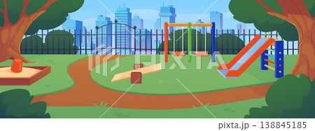 Children's playground with sandbox, slide, swing in city park vector flat illustration, kids physical activity zone 138845185