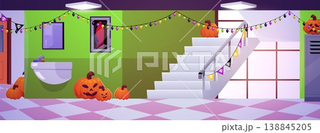A school hallway interior decorated for Halloween with pumpkins, garlands, and bunting. A school hallway interior decorated for Halloween with pumpkins, garlands, and bunting. 138845205