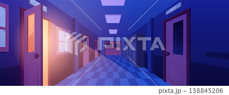 An empty school hallway at night with lockers and one open door with a light on. 138845206
