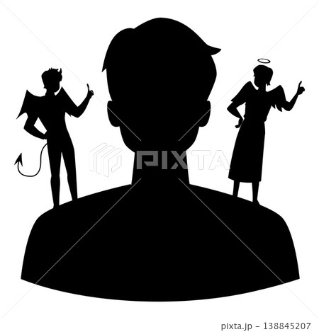 Black silhouette of a man with an angel and a demon standing on his shoulders. Black silhouette of a man with an angel and a demon standing on his shoulders. 138845207