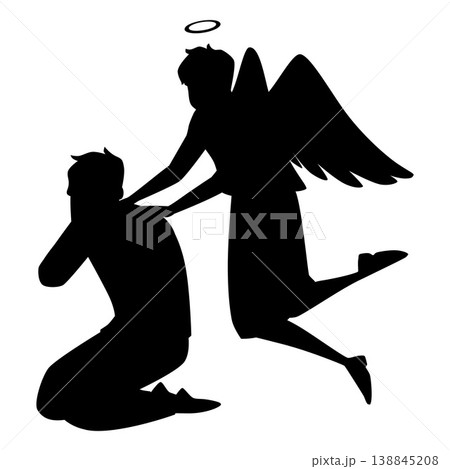 Man grieving sitting on knees and covering face with hands, angel with wings calms crying guy vector black silhouette 138845208