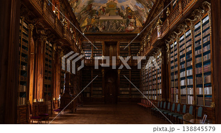 PRAGUE, CZECH REPUBLIC MARCH 24 , 2026. The classic library at the Strahov Monastery in Prague is filled with books on the wooden shelves. 138845579