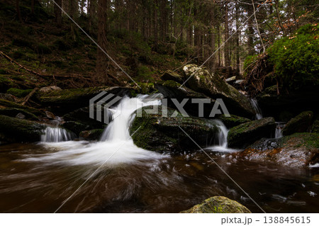 Scenic Mountain Landscape with Forest Trail, River and Rock Formations in Czech Republic 138845615