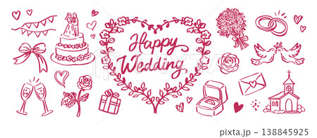ハッピーウェディング 手描き風　結婚式　イラストセット 138845925